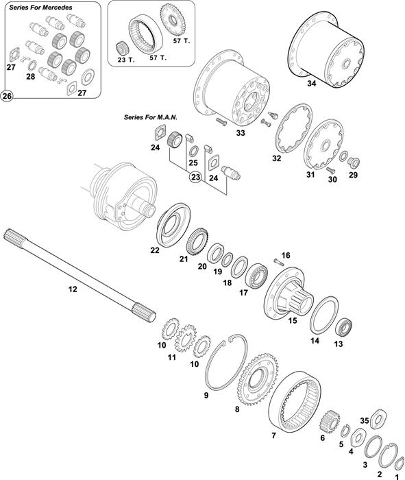 Схема MAN-56 — Wheel Hubs - Axle with Ring Gear � 233 mm: HO7-1080 (Ratio of the Hub 1:3,478)