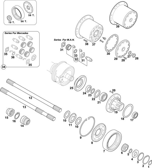 Схема MAN-56 — Wheel Hubs - Axle with Ring Gear � 233 mm: H7-1080/1380 / HD7-1080/1380 (Ratio of the Hub 1:3,947)