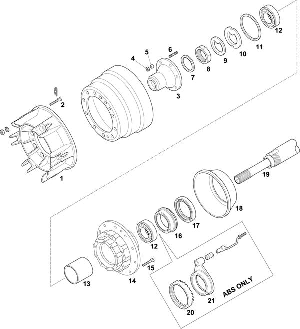 Схема Scania-74 — HUBS FOR AXLES R 560/660/780/782 / RB 660/662: ADA 1100 20"/22,5"/24" RAYS WHEEL, DRUM BRAKE / AD/ADA 1300 20"/22,5"/24" RAYS WHEEL, DRUM BRAKE