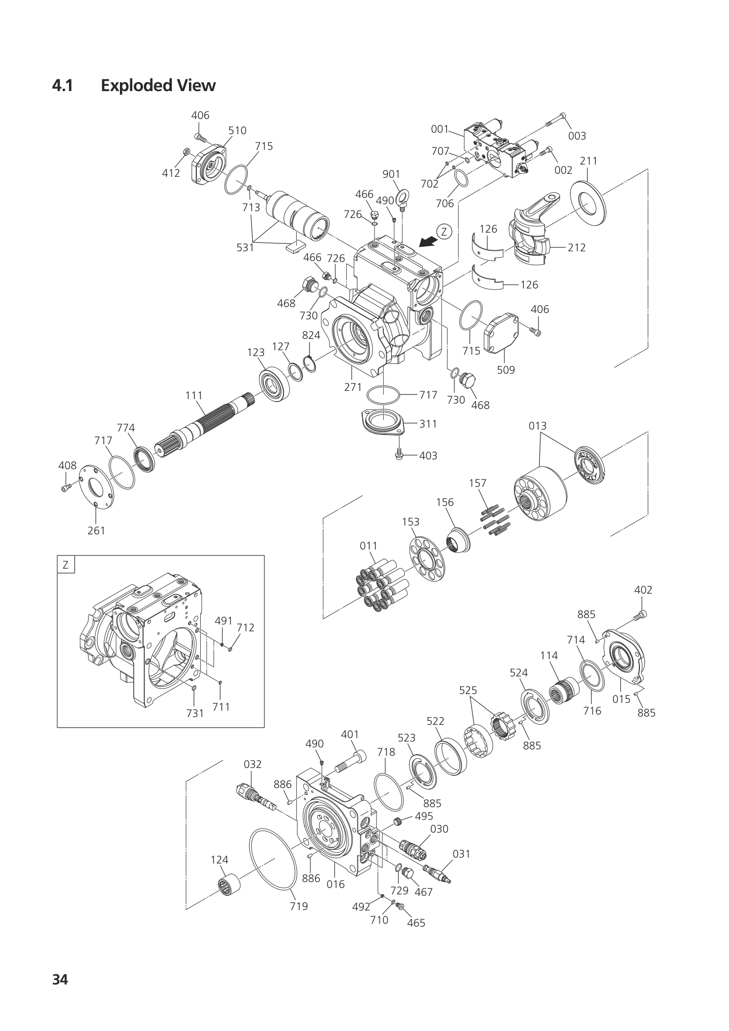 Схема Kawasaki K8V90 / K8V125 — насос