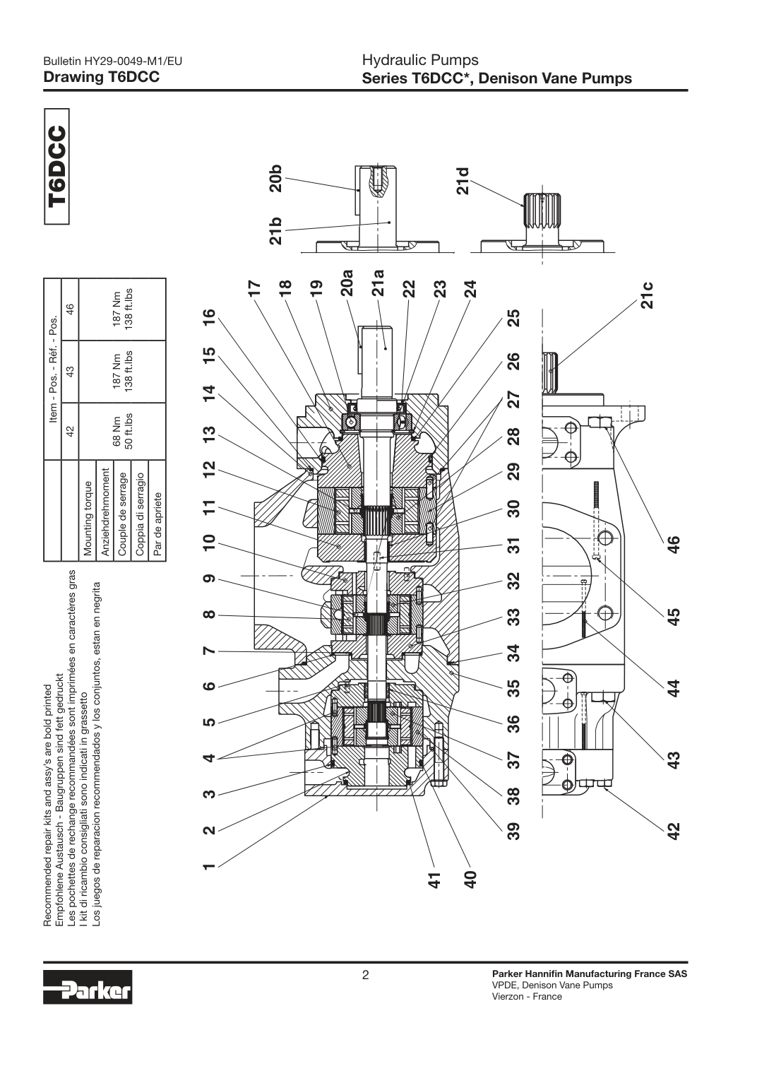 Схема Parker Denison T6DCC — позиции уплотнений