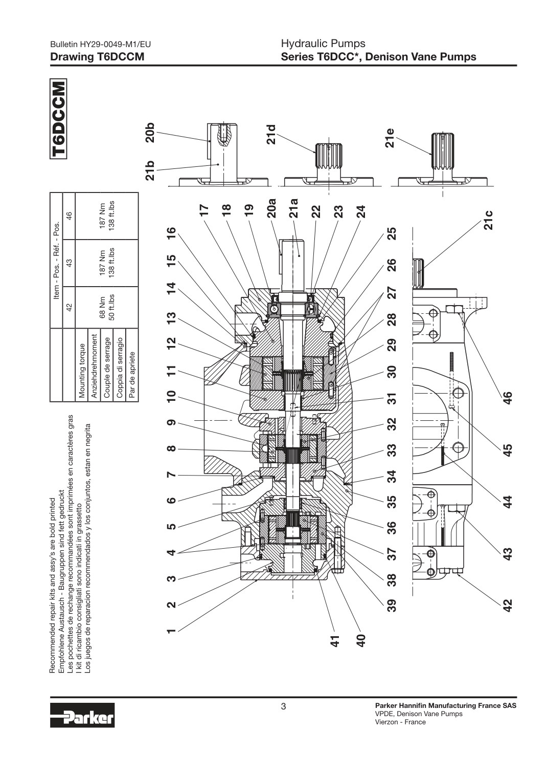 Схема Parker Denison T6DCCM — позиции уплотнений