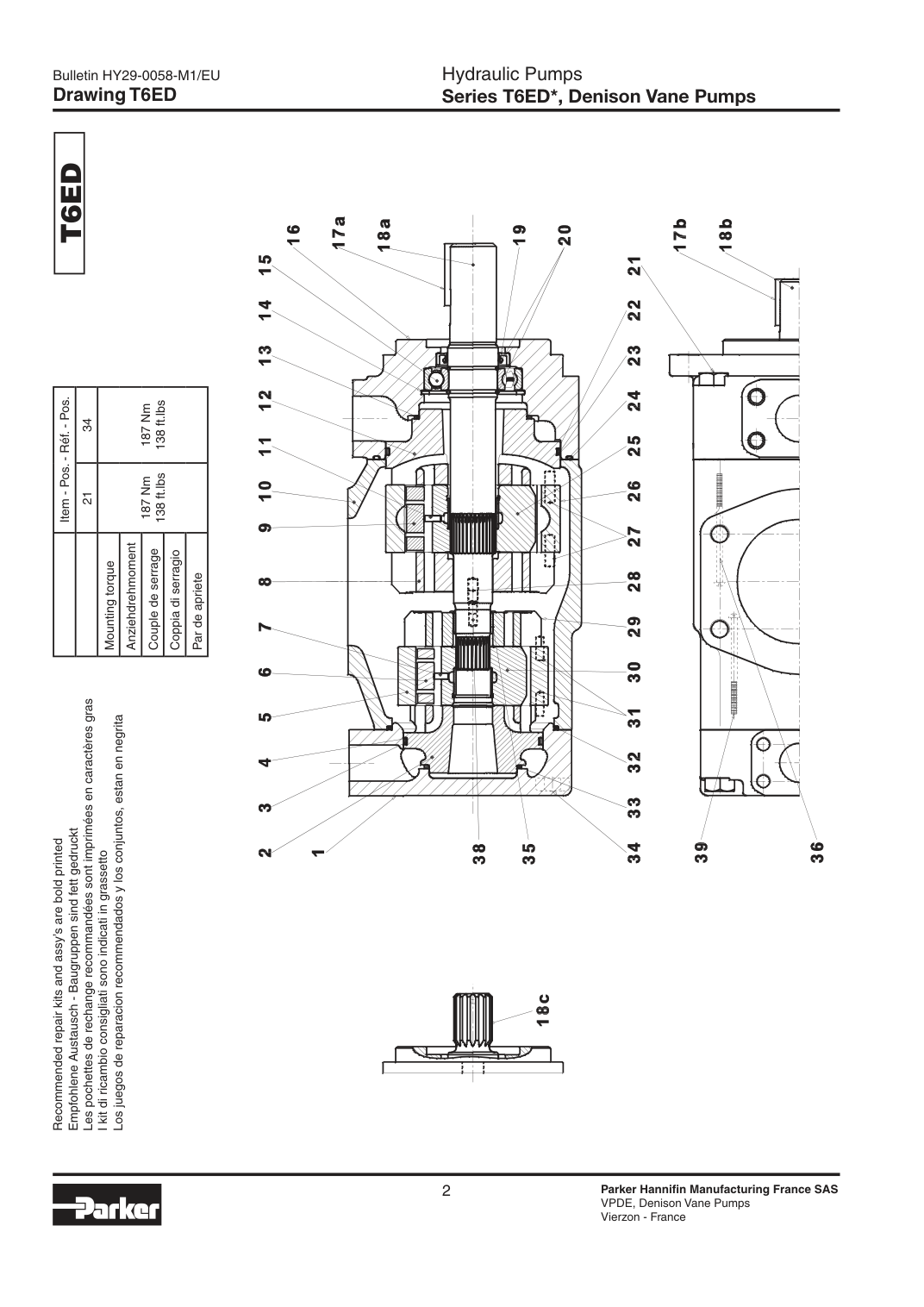 Схема Parker Denison T6ED — позиции уплотнений