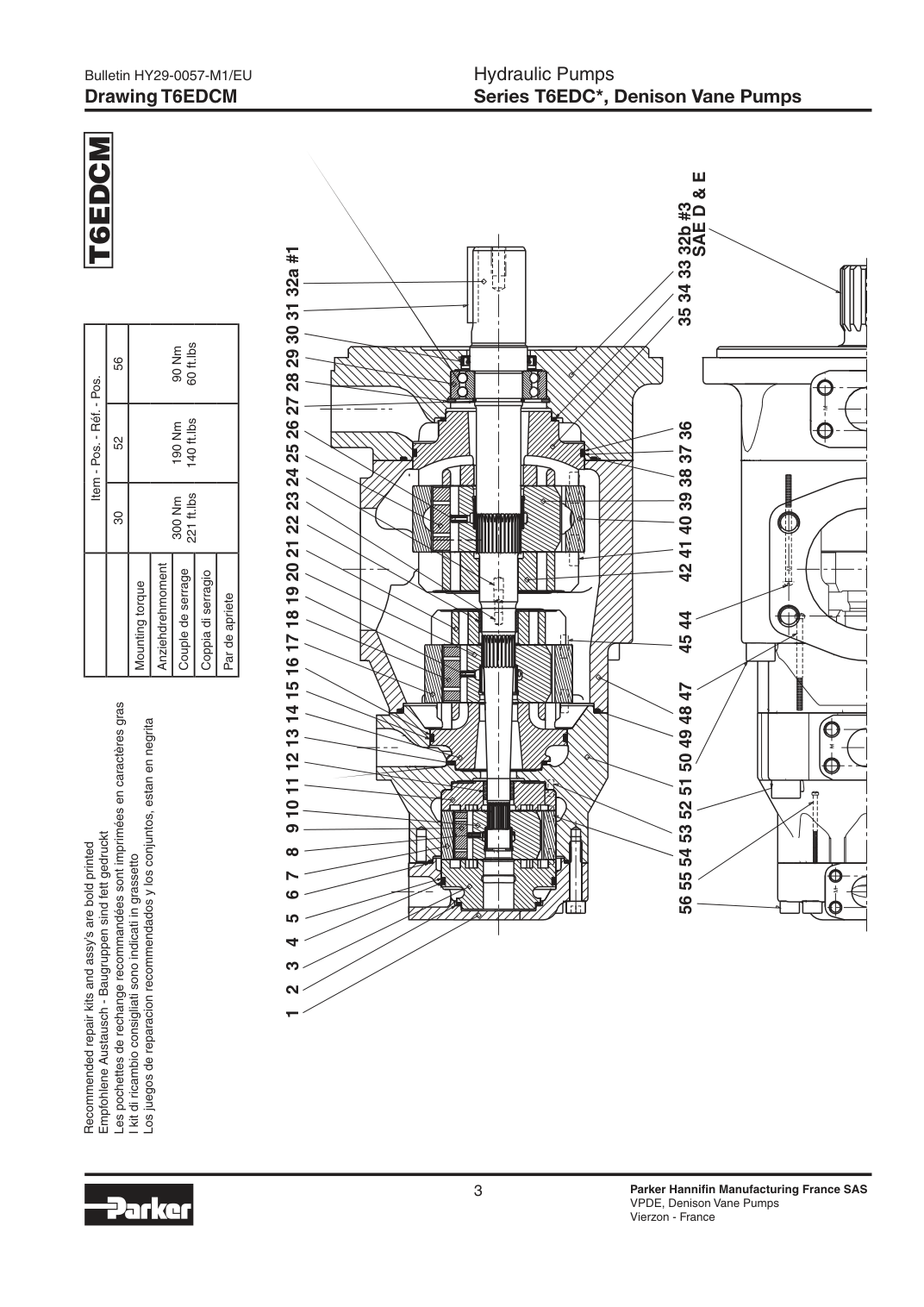 Схема Parker Denison T6EDCM — позиции уплотнений