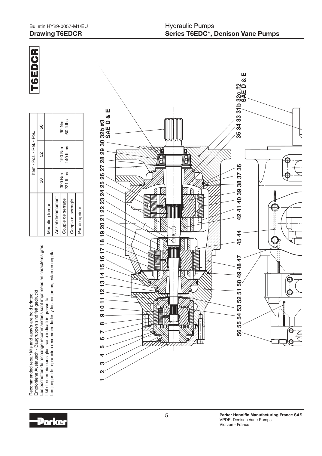 Схема Parker Denison T6EDCR — позиции уплотнений