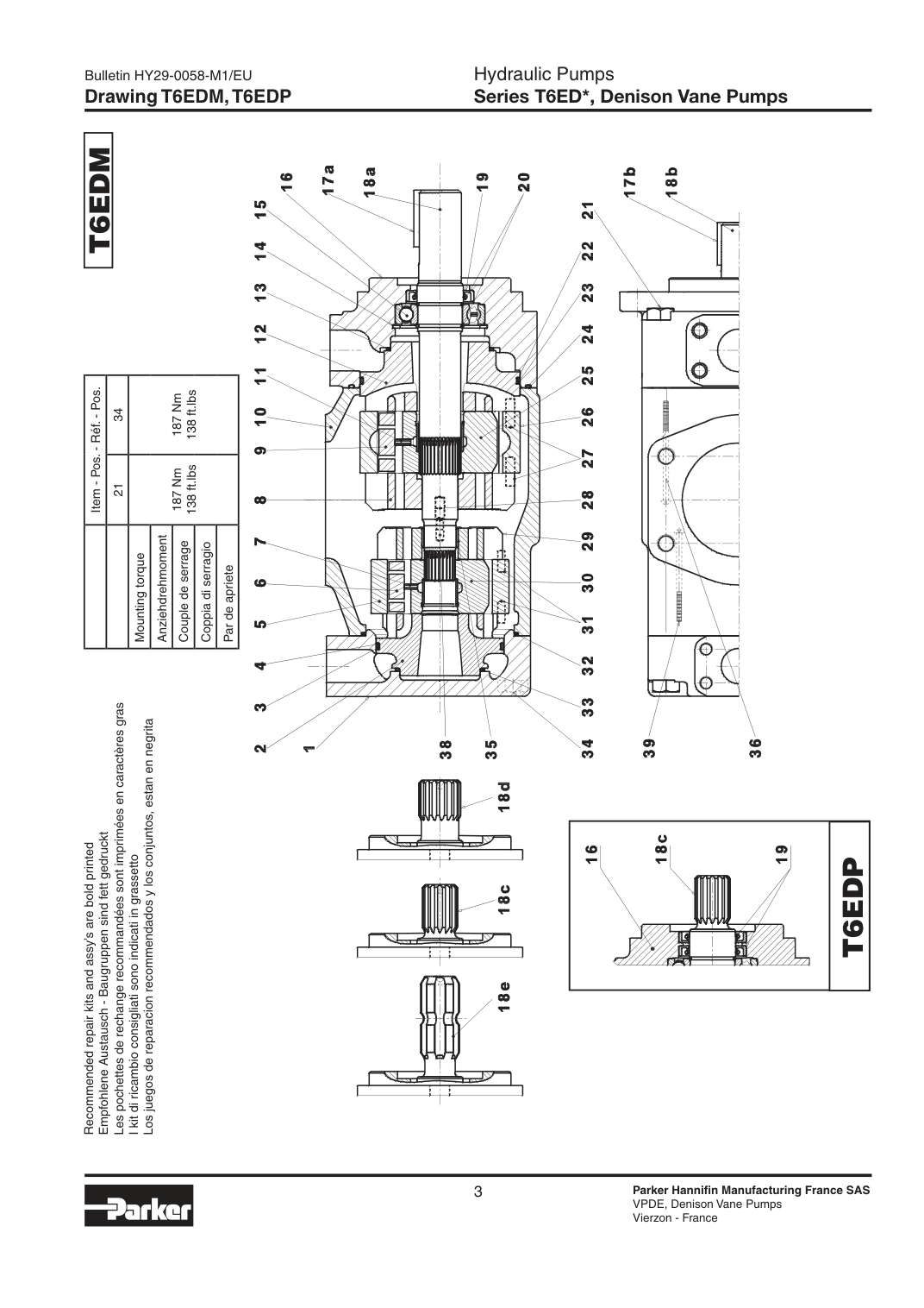 Схема Parker Denison T6EDM/T6EDP — позиции уплотнений
