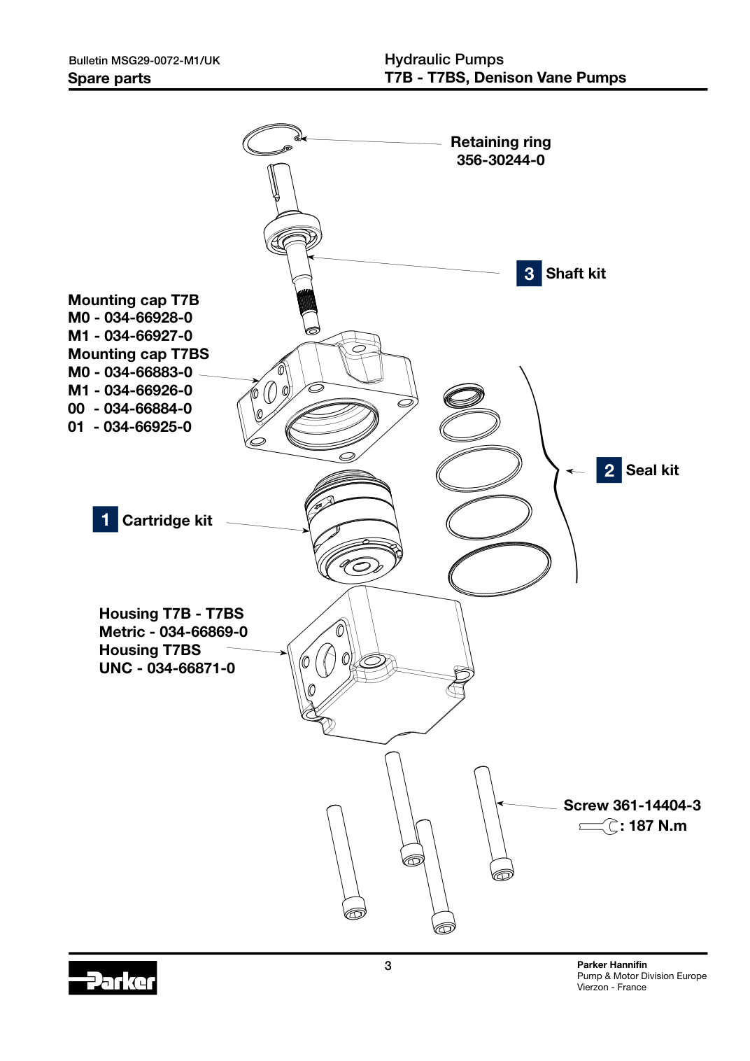 Схема Parker Denison T7B/T7BS — позиция комплекта уплотнений