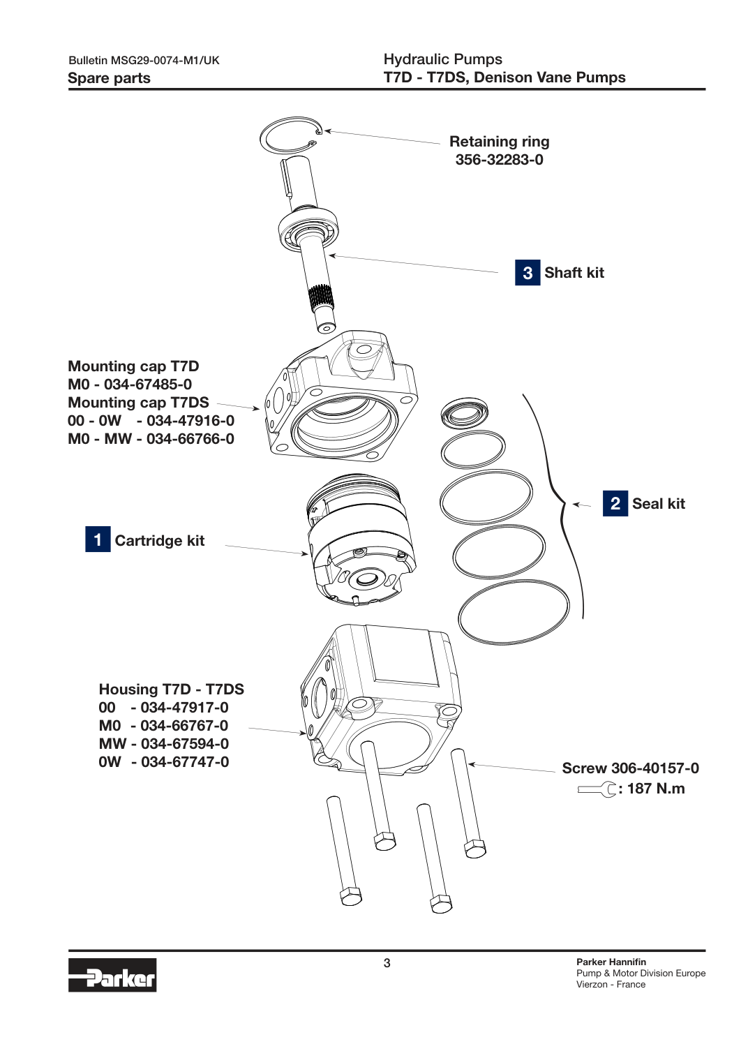 Схема Parker Denison T7D/T7DS — позиция комплекта уплотнений