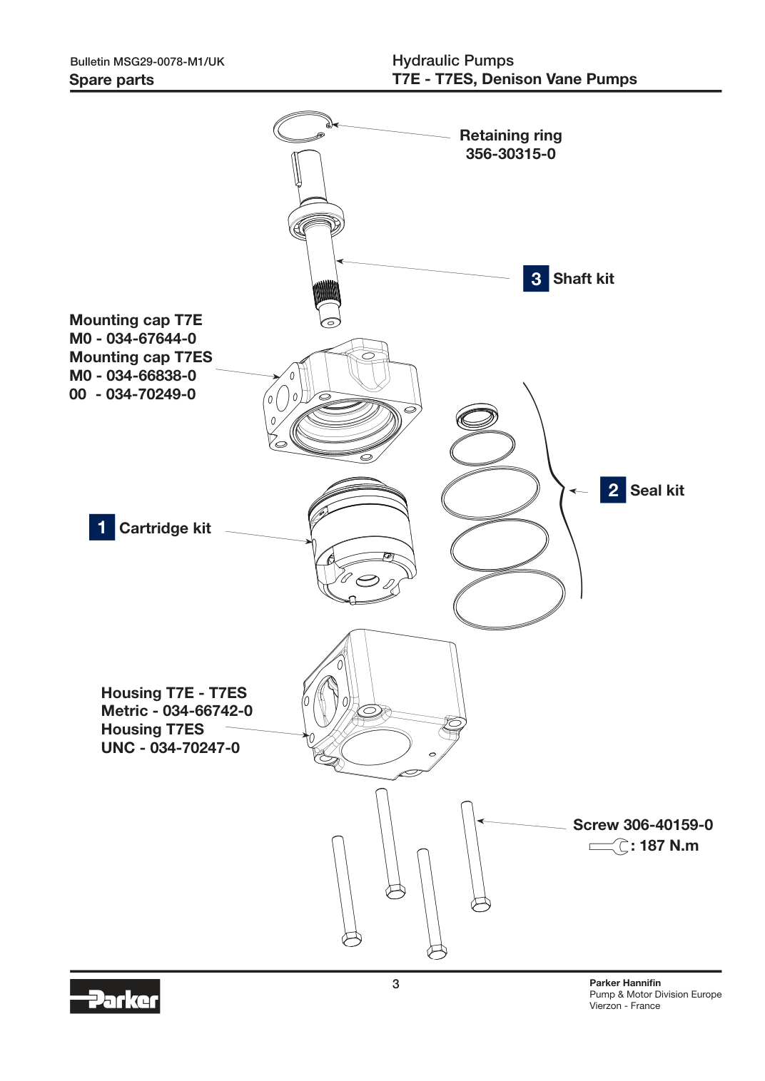 Схема Parker Denison T7E/T7ES — позиция комплекта уплотнений