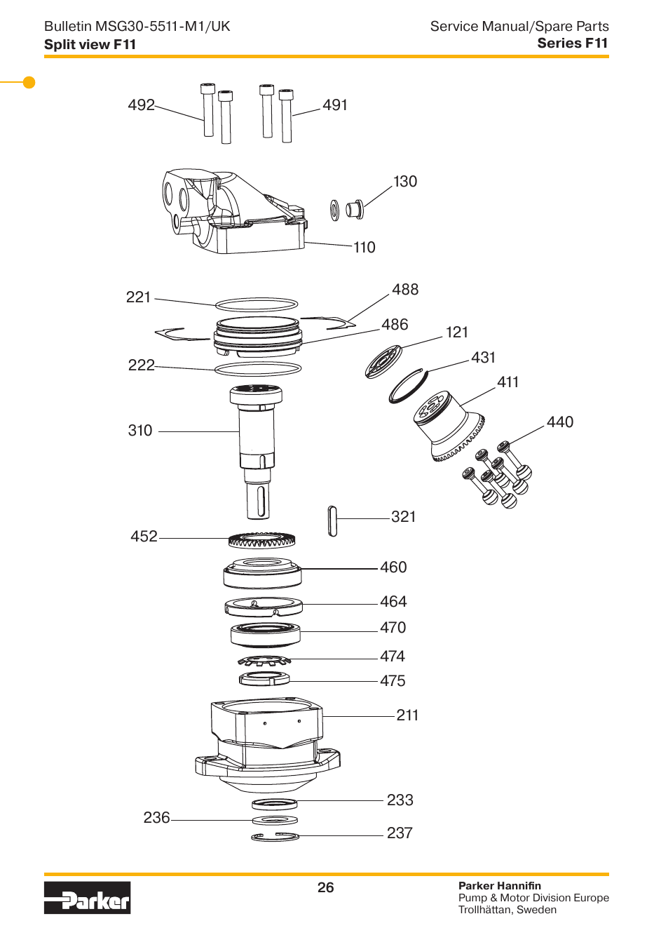 Схема Parker F11 — позиции комплекта уплотнений